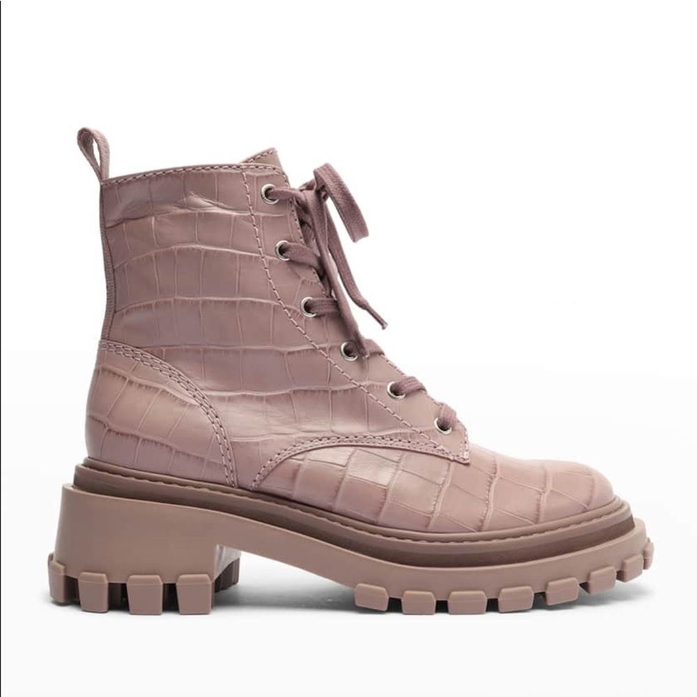 SCHUTZ Orly Croc-Print Lug-Sole Combat Boots Size 6B Sweet Lilac